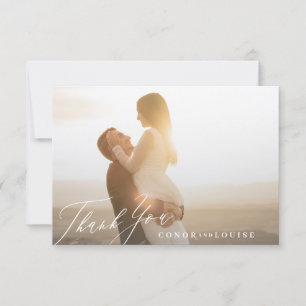 Cartão De Agradecimento Foto de casamento da caligrafia branca verde do Cl