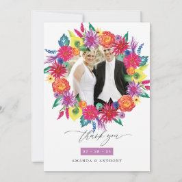 Cartão De Agradecimento Foto de casamento da Festa Floral em Aquarela