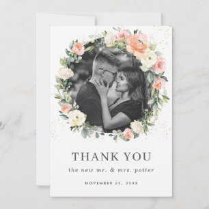 Cartão De Agradecimento Foto De Casamento Da Noz-De-Noz-De-Pêssego, Branc