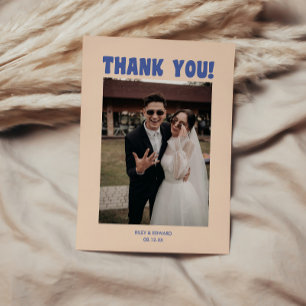 Cartão De Agradecimento Foto de Casamento de Azul e Beige Moderno