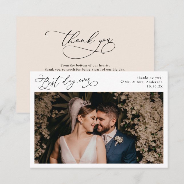 Cartão De Agradecimento Foto De Casamento De Blush Neutral Boho Do Script  (Frente/Verso)