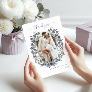 Cartão De Agradecimento Foto de Casamento de Boho Purple Lavanda Floral Wr