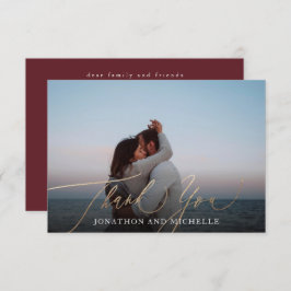 Cartão De Agradecimento Foto De Casamento De Caligrafia Dourada E Burgundi