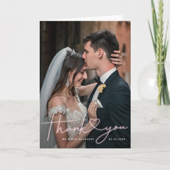 Cartão De Agradecimento Foto de Casamento de Coração Rosa Neon (Frente)