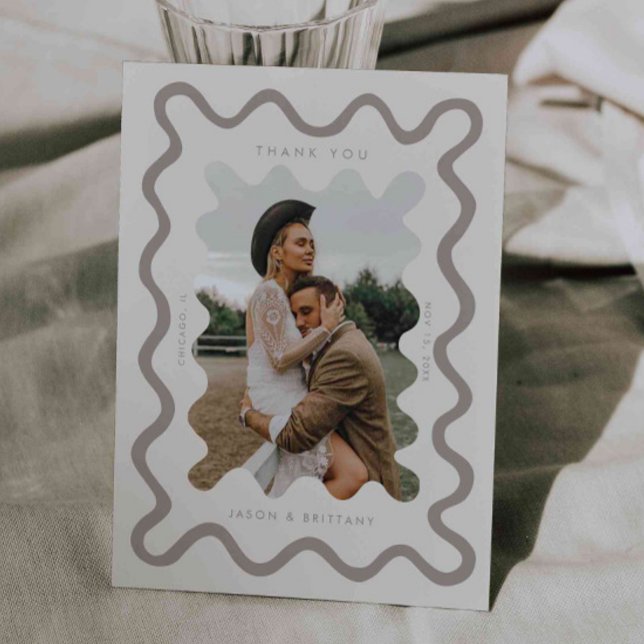 Cartão De Agradecimento Foto de Casamento de Creme de Linha Desenhada à Mã (Criador carregado)