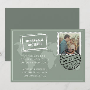 Cartão De Agradecimento Foto de Casamento de Destino do Mapa do Mundo Verd
