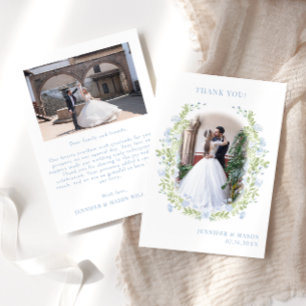 Cartão De Agradecimento Foto de Casamento de flor de aquarela azul clara