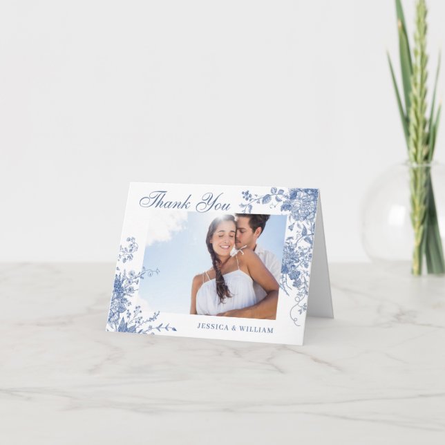 Cartão De Agradecimento Foto De Casamento De Flores De Jardim Francês Azul (Frente)