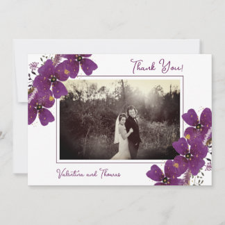 Cartão De Agradecimento Foto De Casamento De Flores Roxas Chic