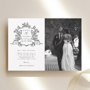 Cartão De Agradecimento Foto de Casamento de Peste Floral Clássica Preta e