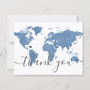 Cartão De Agradecimento Foto de Casamento de Praia e Mapa do Mundo Azul Du