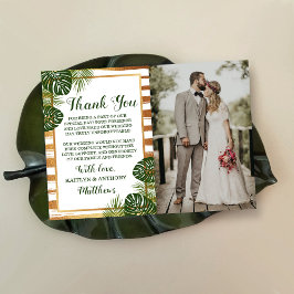 Cartão De Agradecimento Foto de Casamento de Praia Gold Foil & Green Palm 