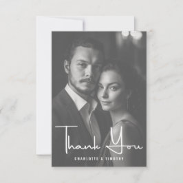 Cartão De Agradecimento Foto de Casamento de Script Branco Negro Minimalis