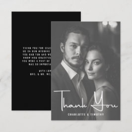 Cartão De Agradecimento Foto de Casamento de Script Branco Negro Minimalis