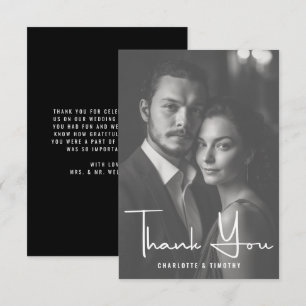 Cartão De Agradecimento Foto de Casamento de Script Branco Negro Minimalis