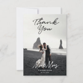 Cartão De Agradecimento Foto de Casamento de Script Branco Preto Modern