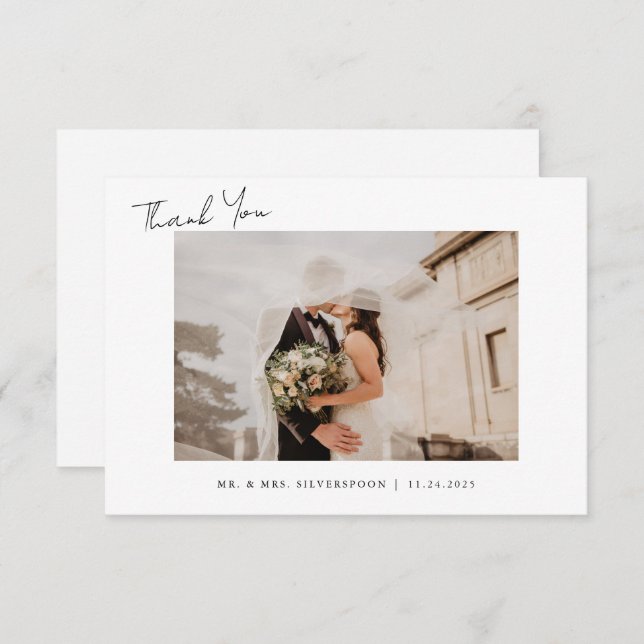 Cartão De Agradecimento Foto de Casamento de Script de Caligrafia Minimali (Frente/Verso)