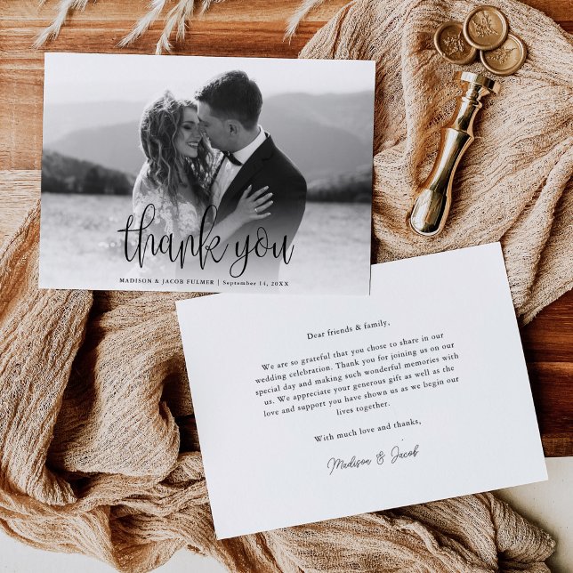 Cartão De Agradecimento Foto de Casamento de Script de Caligrafia Moderna (Criador carregado)