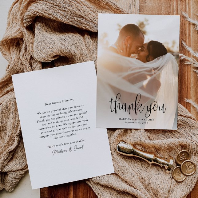 Cartão De Agradecimento Foto de Casamento de Script de Caligrafia Moderna (Criador carregado)