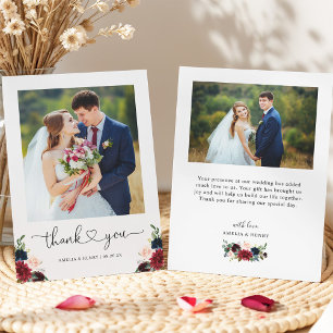 Cartão De Agradecimento Foto de Casamento de Script de Coração Floral do