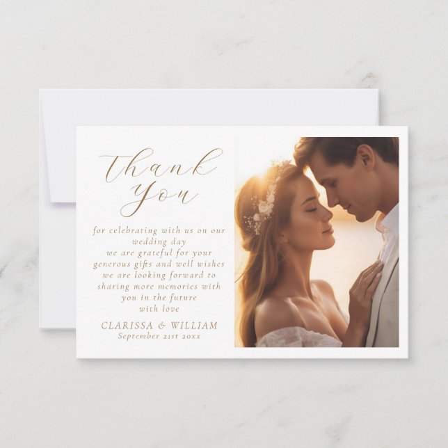 Cartão De Agradecimento Foto de Casamento de Script Dourado Elegante (Frente)