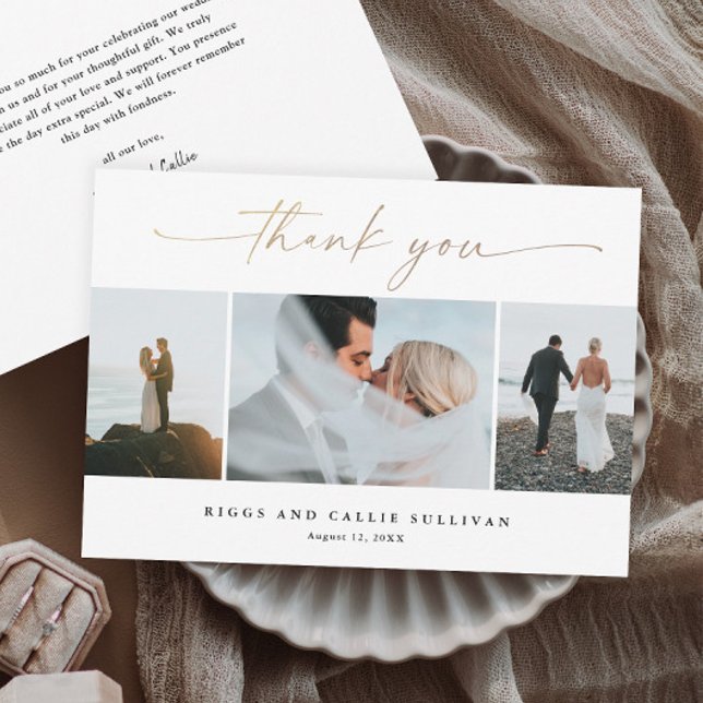 Cartão De Agradecimento Foto de Casamento de Script Dourado Manuscrito Ele (Elegant handwritten gold script wedding photo thank you cards.)