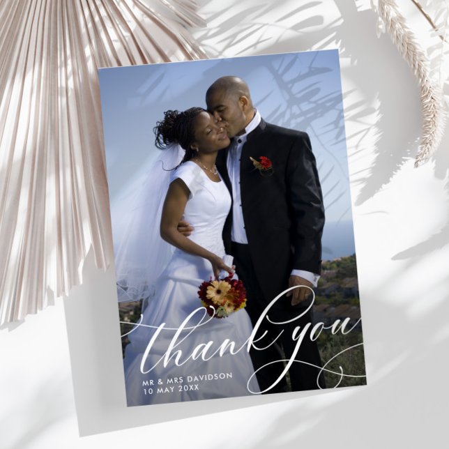 Cartão De Agradecimento foto de casamento de script manuscrito elegante e  (Criador carregado)