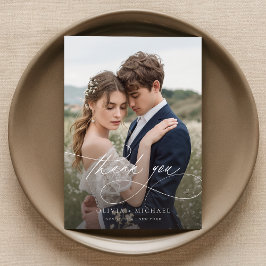 Cartão De Agradecimento Foto de Casamento de Script Manuscrito Moderno