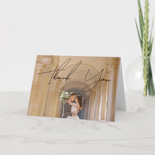 Cartão De Agradecimento Foto de Casamento de Scripts Brancos e Negros Mode (Frente)