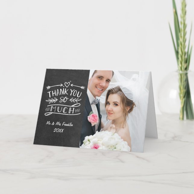 Cartão De Agradecimento Foto De Casamento Do Chalkboard Boho Muito Obrigad (Frente)