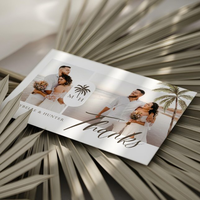 Cartão De Agradecimento Foto de Casamento do Monograma da Palm Tree Modern (Modern Watercolor Palm Tree Monogram Wedding Photo Thank You Card (Front))