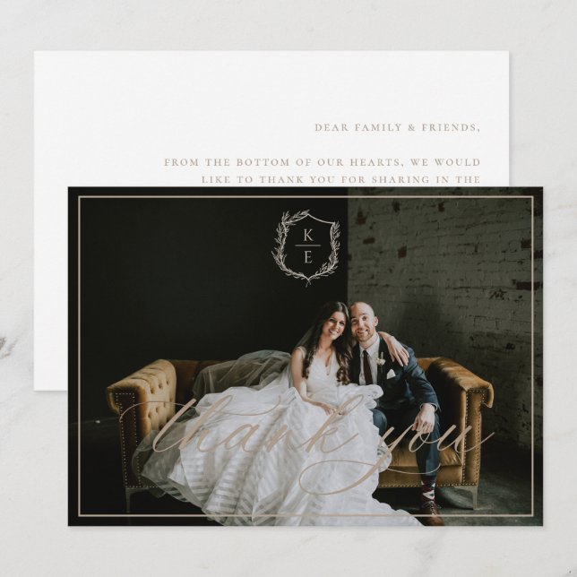 Cartão De Agradecimento Foto de Casamento do Monograma do Crest Botânico (Frente/Verso)