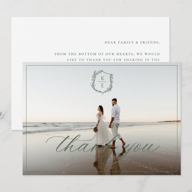 Cartão De Agradecimento Foto de Casamento do Monograma do Crest Botânico (Frente/Verso)
