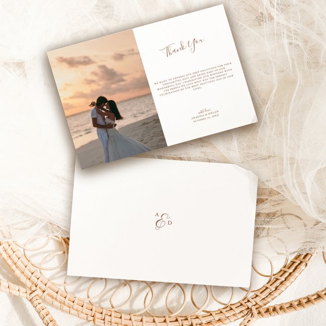 Cartão De Agradecimento Foto De Casamento Do Script Elegante Mocha Monogra (Criador carregado)