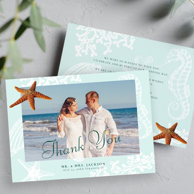 Cartão De Agradecimento Foto de casamento do Starfish, destino da praia (Criador carregado)