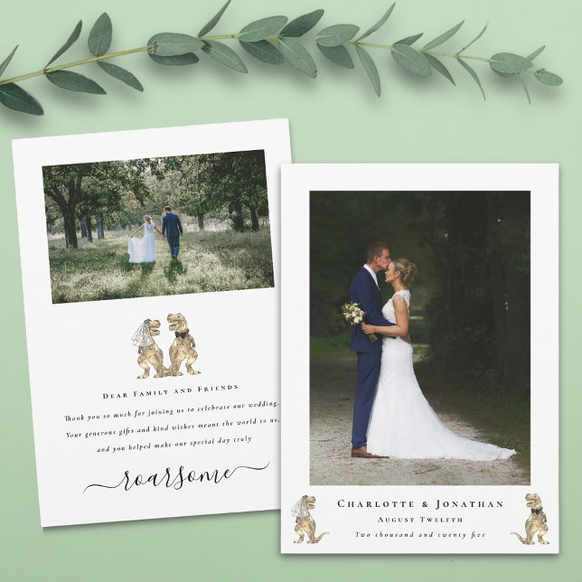 Cartão De Agradecimento Foto De Casamento Do Tema Dinossauro Obrigado (Dinosaur wedding photo thank you card 2 photograph Funny T-Rex bride and groom elegant modern script)