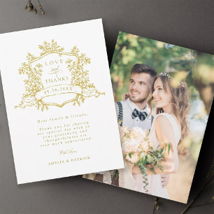 Cartão De Agradecimento Foto de casamento Dourado Clássico Floral Crest