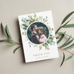Cartão De Agradecimento Foto de Casamento Dourado de Wreath Verde Botânica<br><div class="desc">Este cartões de agradecimentos fotográfico apresenta cor d'água eucalipto,  folhas verdes com uma estrutura de círculo dourada. Isso será perfeito para casamentos,  graduações,  aniversários e eventos semelhantes.</div>