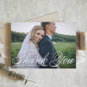 Cartão De Agradecimento Foto de Casamento Elegante Branco