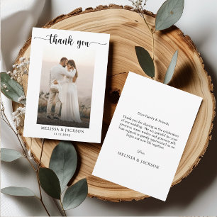 Cartão De Agradecimento Foto de Casamento Elegante Mínimo Preto e Branco