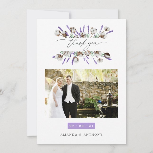 Cartão De Agradecimento Foto de casamento em algodão lavanda (Frente)