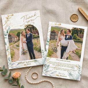 Cartão De Agradecimento Foto de casamento em aquarela com arco dourado e f