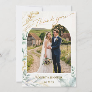 Cartão De Agradecimento Foto de casamento em aquarela com arco dourado e f