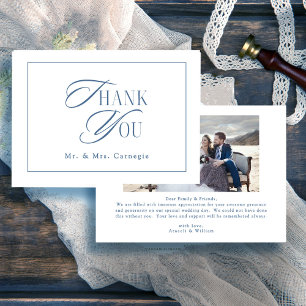 Cartão De Agradecimento Foto de casamento em azul real elegante com letra