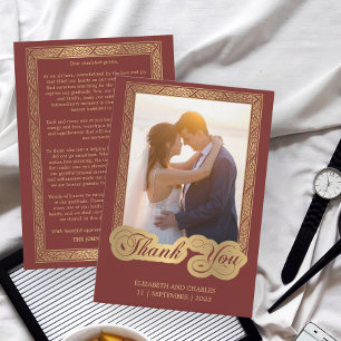 Cartão De Agradecimento Foto de Casamento em Dourado e Vermelho com Estilo