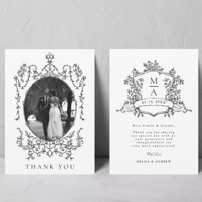 Cartão De Agradecimento Foto de casamento em moldura clássica preto e bran (Front & Back)
