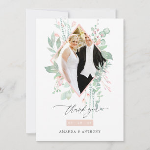 Cartão De Agradecimento Foto de casamento em tons rosa pastel e verde