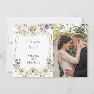 Cartão De Agradecimento Foto de Casamento   Floral Água-Marinha em Aquarel