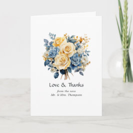 Cartão De Agradecimento Foto de Casamento Floral Azul e Dourada