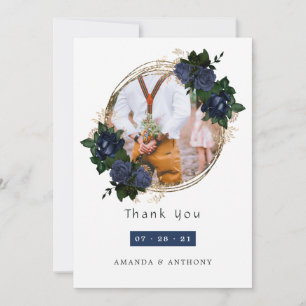 Cartão De Agradecimento Foto de casamento floral azul marinho e dourado